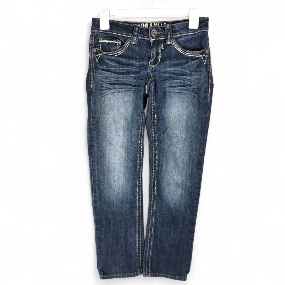 Hydraulic Low Rise Straight Leg Jeans Dark Wash Embroidered Pockets